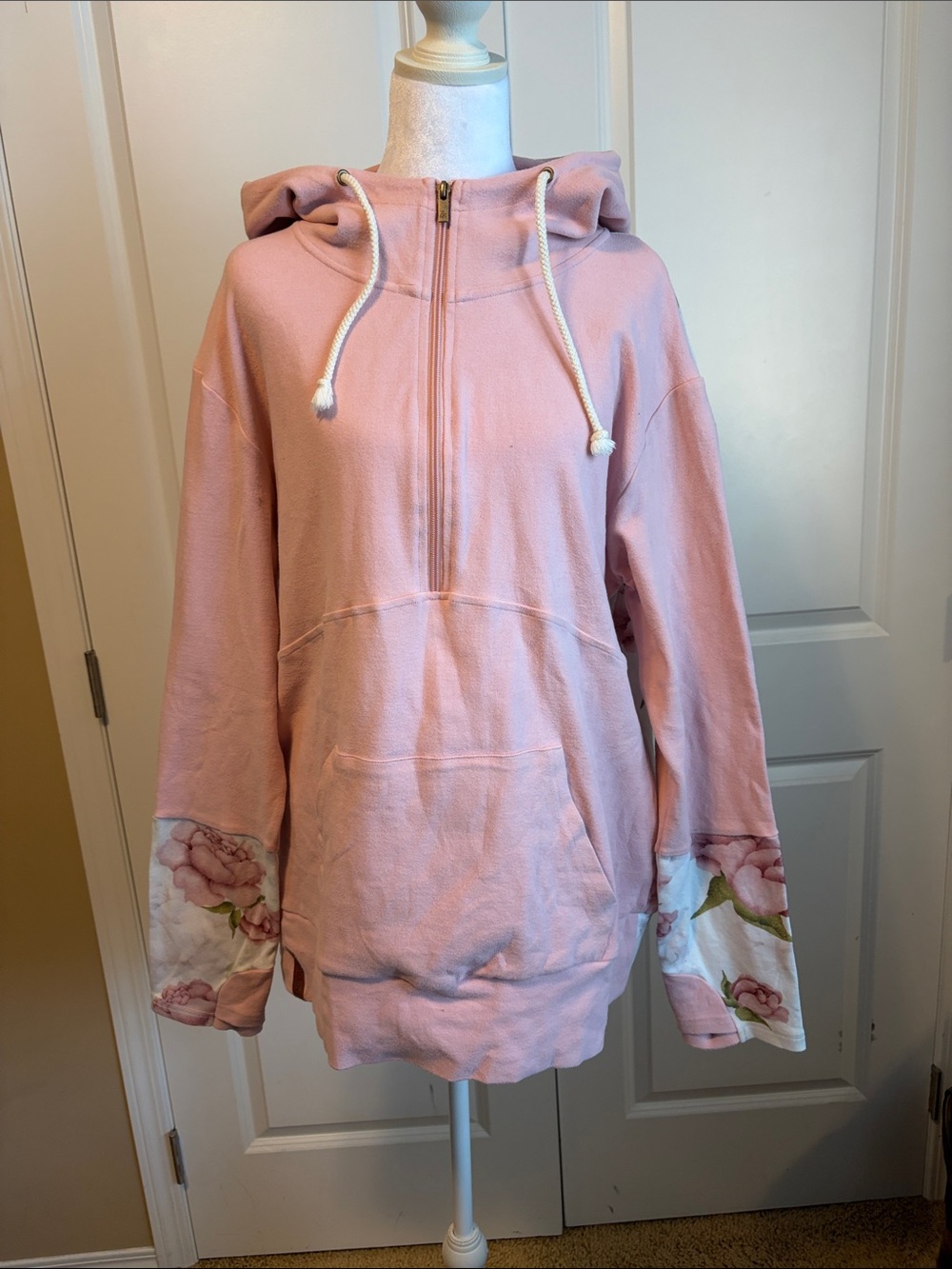 AMPERSAND AVE Dusty Pink Half-Zip Hoodie with Floral Cuffs
